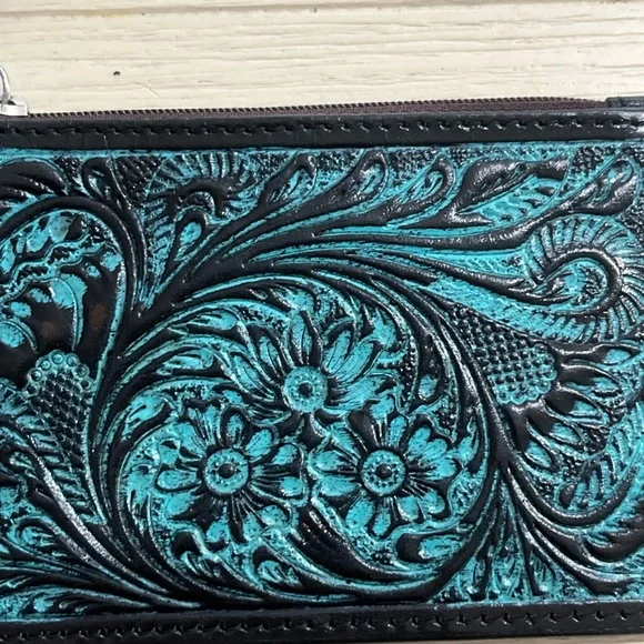 Unique Leather Card Wristlet Turquoise & Black Tooled Leather - Picture 3 of 8